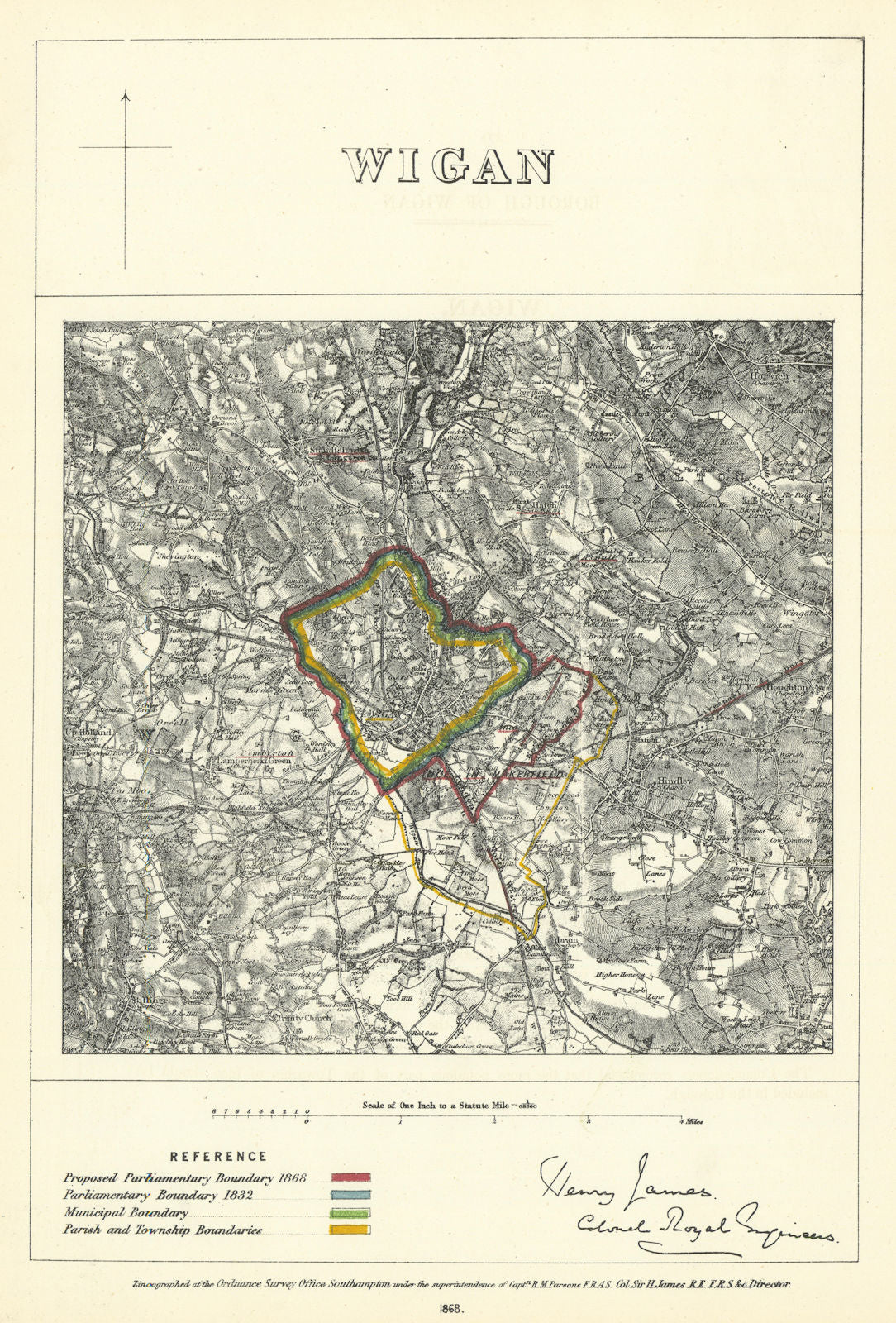 Wigan, Lancashire. JAMES. Parliamentary Boundary Commission 1868 old map